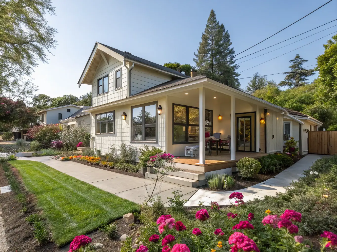 A modern ADU with a separate entrance and well-maintained landscaping, showcasing its potential as a rental unit or in-law suite.