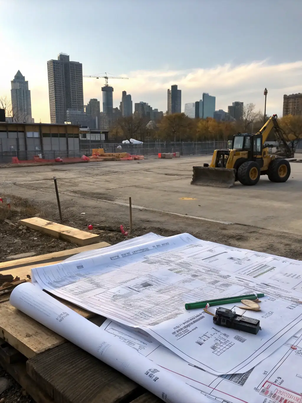 A well-organized construction site with architectural plans visible, representing the initial planning stage of an ADU project in Los Angeles.