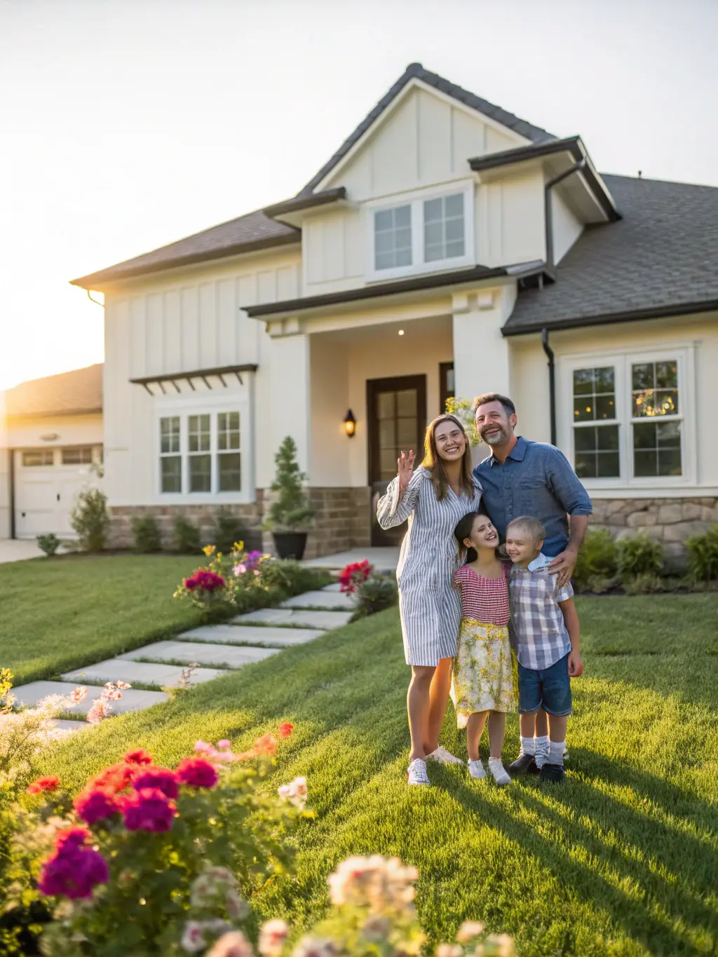 A picture of a happy family in front of their newly constructed ADU, emphasizing the potential for rental income or family use.