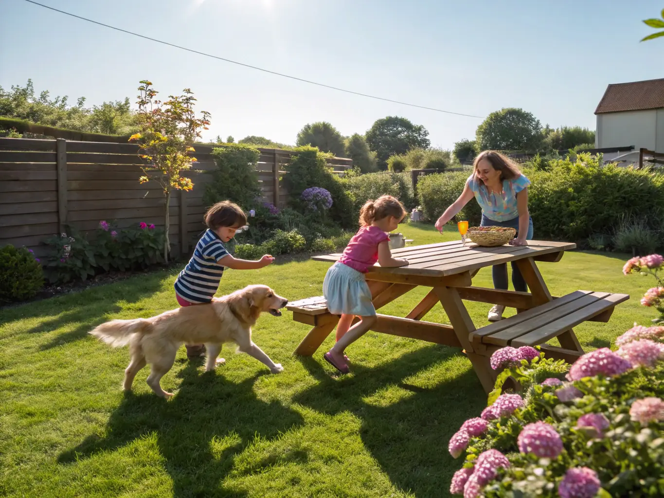 A family enjoying time together in the backyard of a home with an ADU, highlighting the potential for multi-generational living.