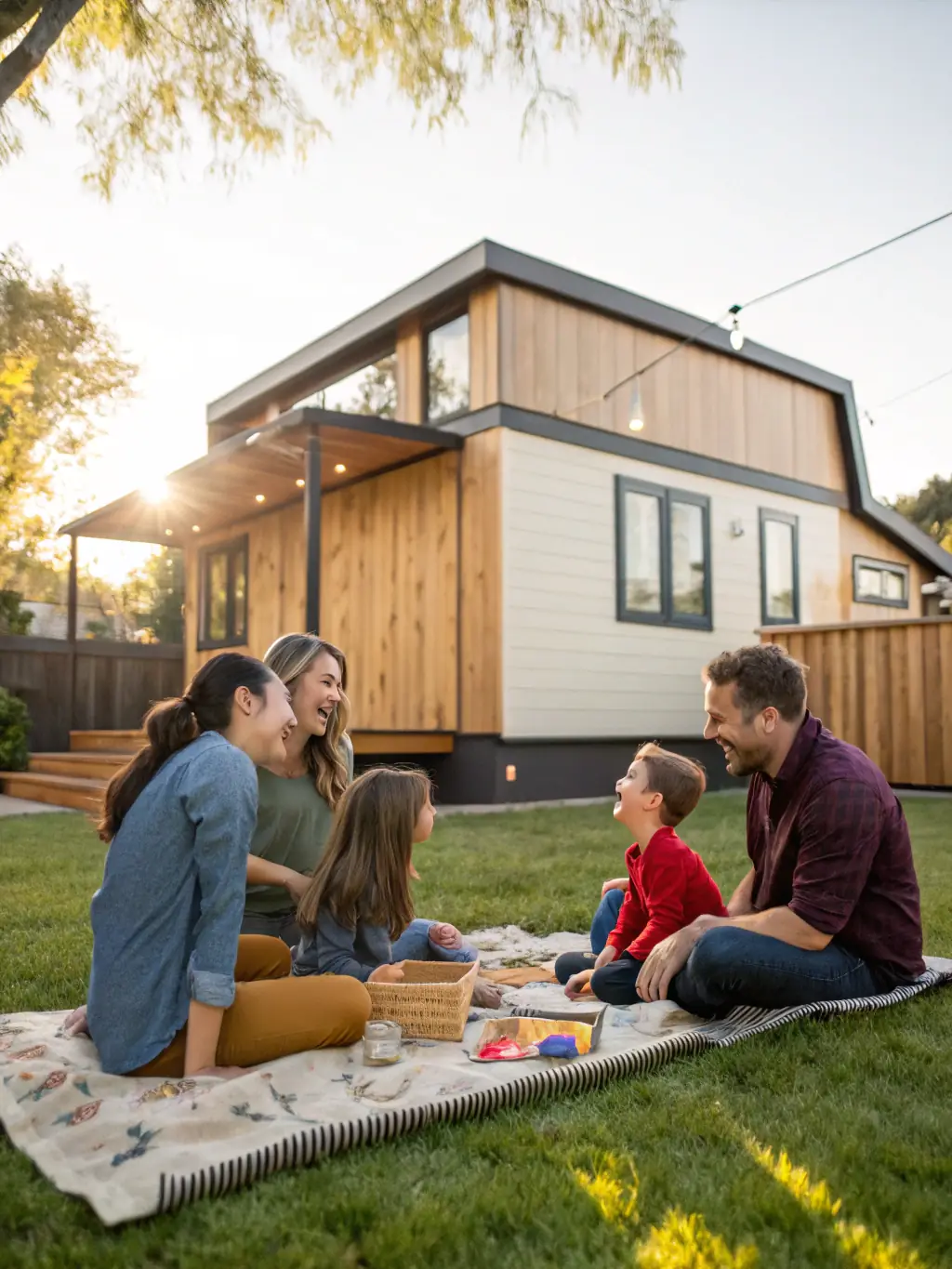 A happy family enjoying their backyard, with a separate ADU visible in the background, representing flexible living arrangements.