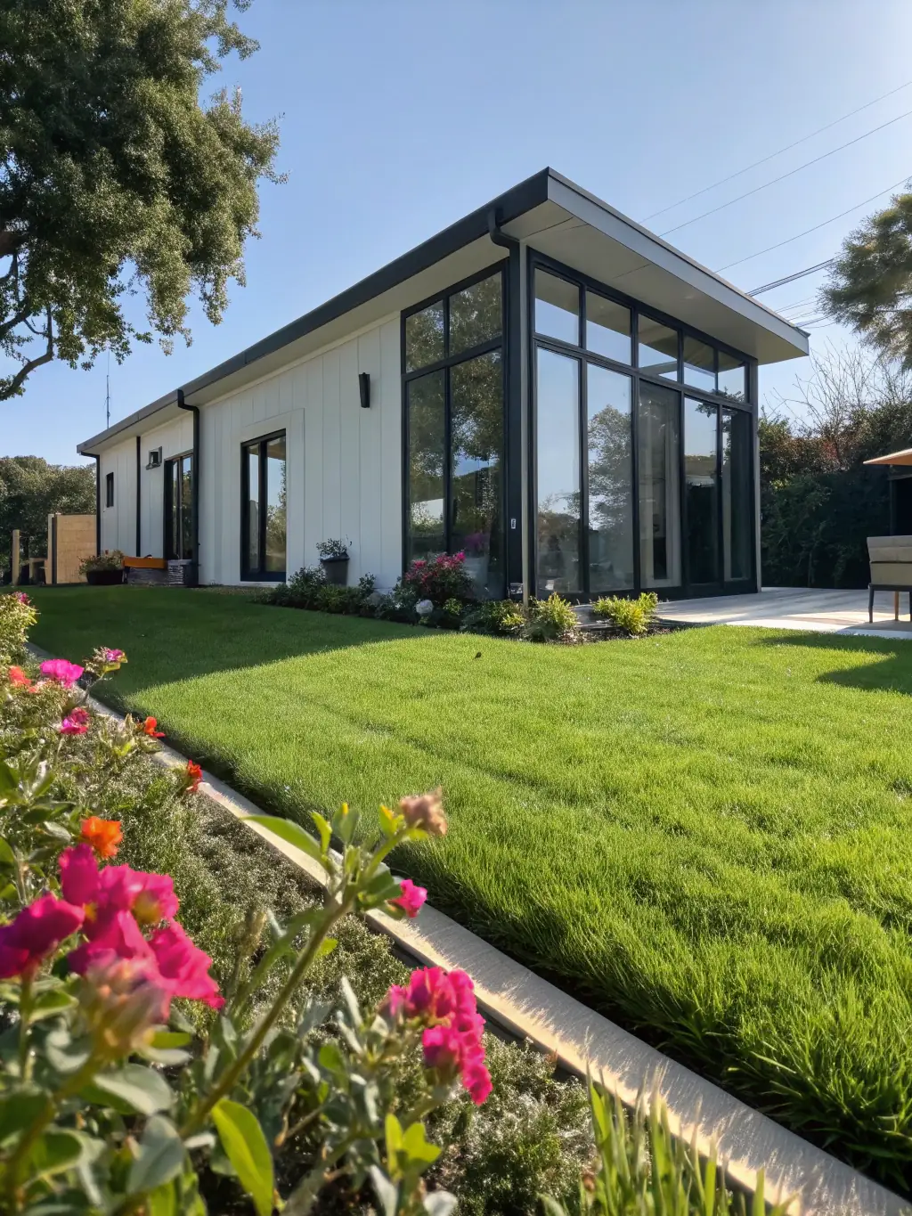 A modern ADU exterior with a well-maintained garden, showcasing increased property value and curb appeal.