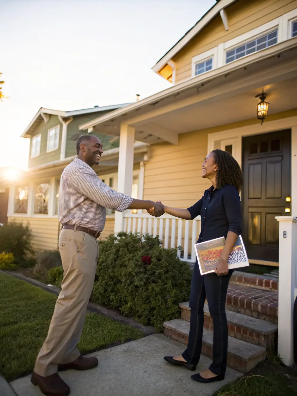 An image of a landlord collecting rent from a tenant in front of an ADU, symbolizing a steady stream of passive income.